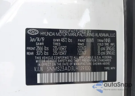 2020 Hyundai Santa Fe Se из США, поврежденный, VIN 5NMS23AD3LH139100